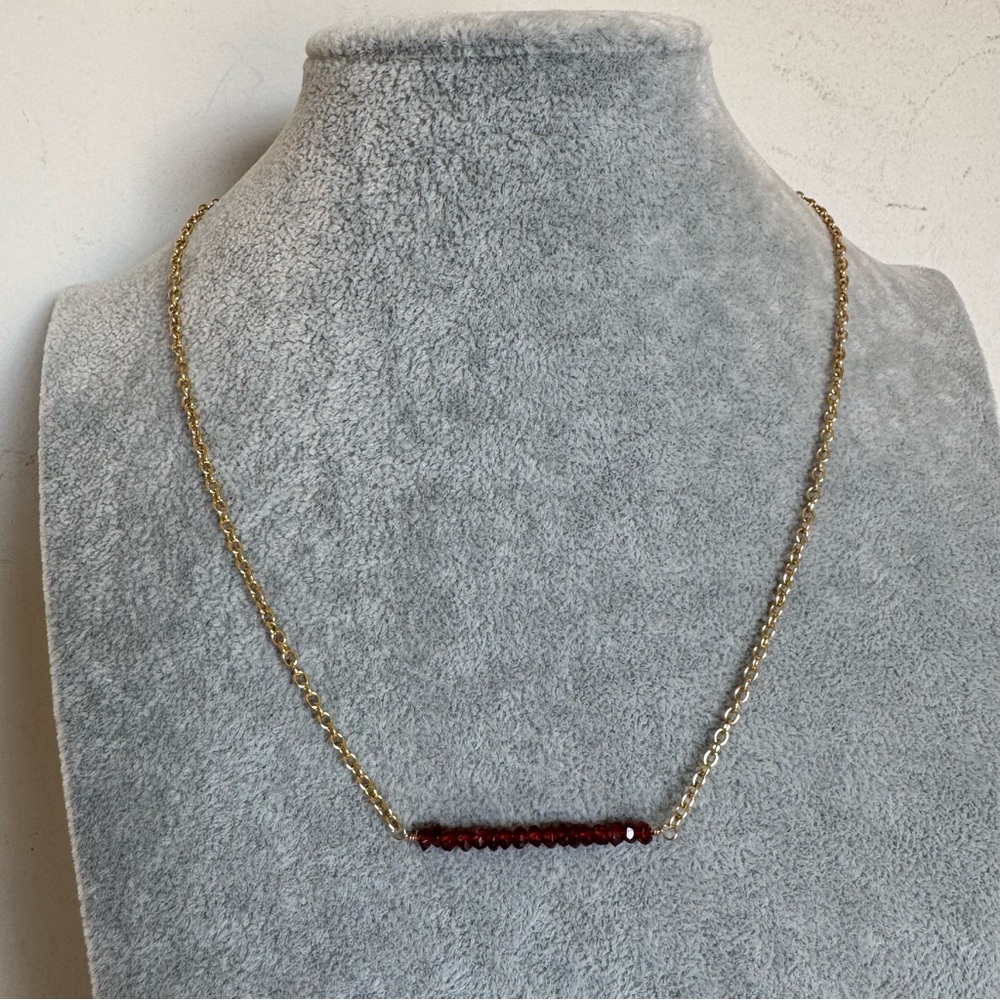 Artisan 14k Yellow Gold Ruby Garnet Line Bar Dainty Necklace NEW